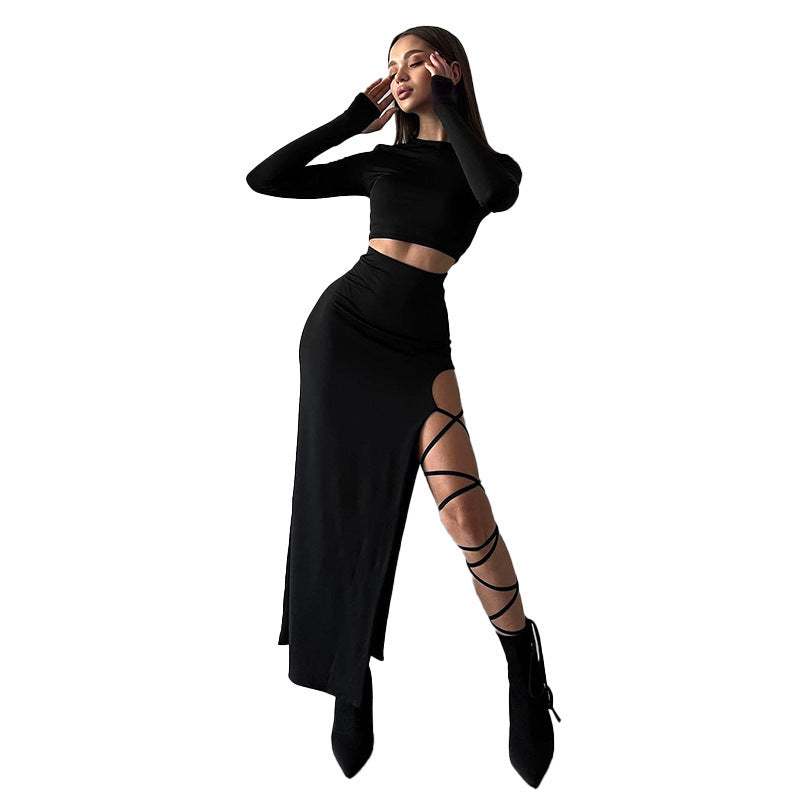 Damen elegantes Langarm-Oberteil mit hohem Bund und seitlichem Cut-Out Drune