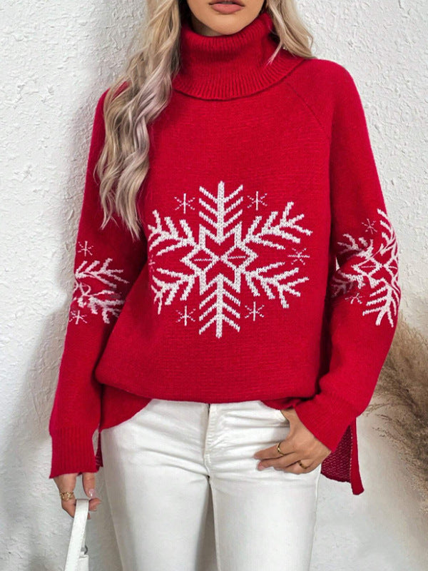 Damen Strickpullover mit hohem Kragen und festlichem Schneeflocken-Motiv Drune