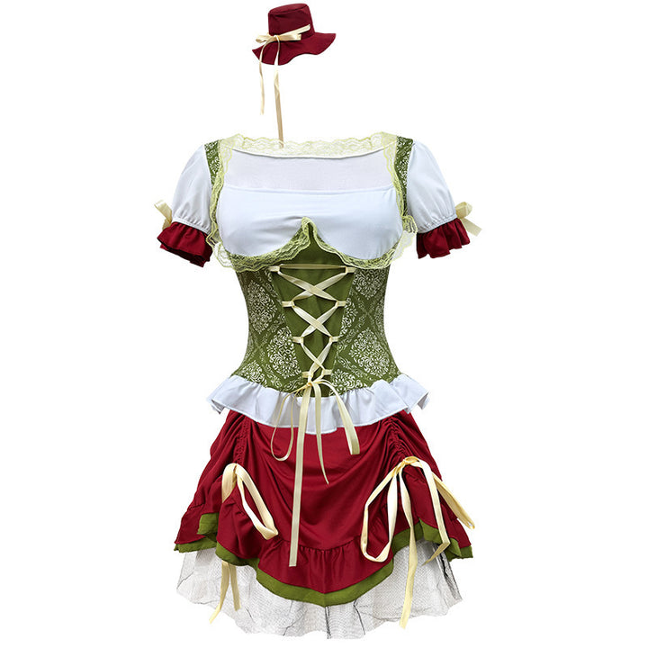 Damen nan kurzes Dirndl Trachtenkleid mit Schnürcorsage, Spitzenkragen und gerafftem Rock Drune