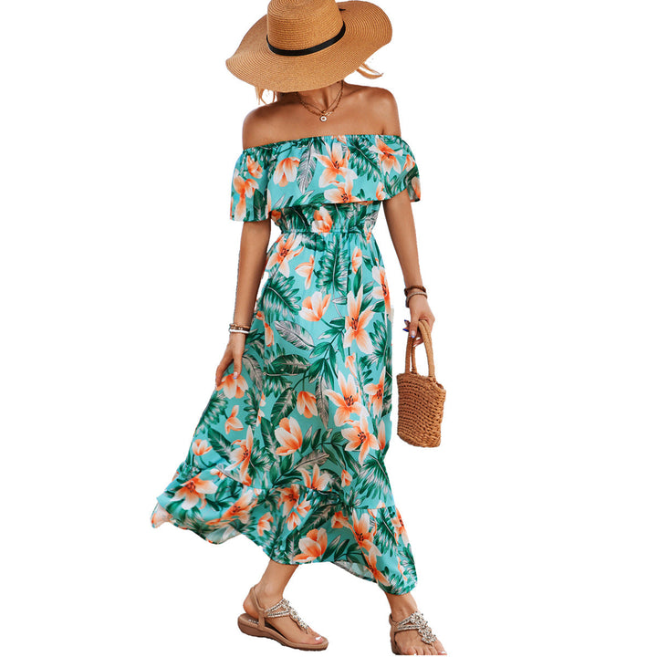 Damen Off-Shoulder Maxikleid mit floralem Design und elastischem Taillenbund Drune