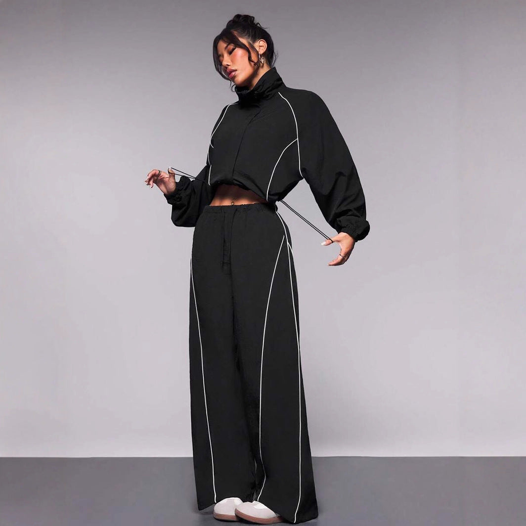 Damen modischer Sportpullover mit elastischem Bund und hohen Kragen Drune