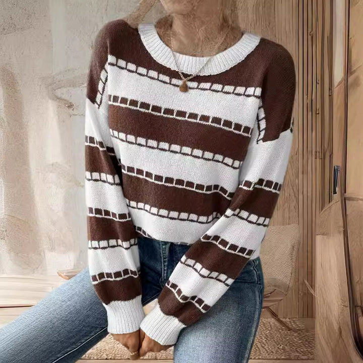 Damen lässiger, gestreifter Pullover mit einem komfortablen Schnitt und dekorativen Details Drune