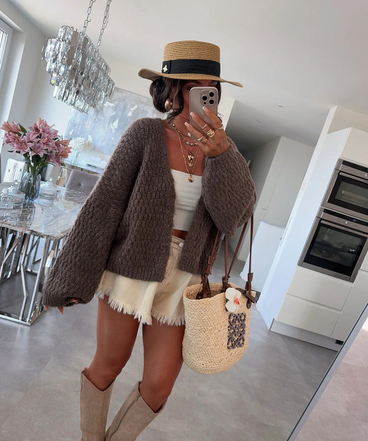 Damen Grobstrickjacke mit voluminösen Ärmeln und offener Front Drune