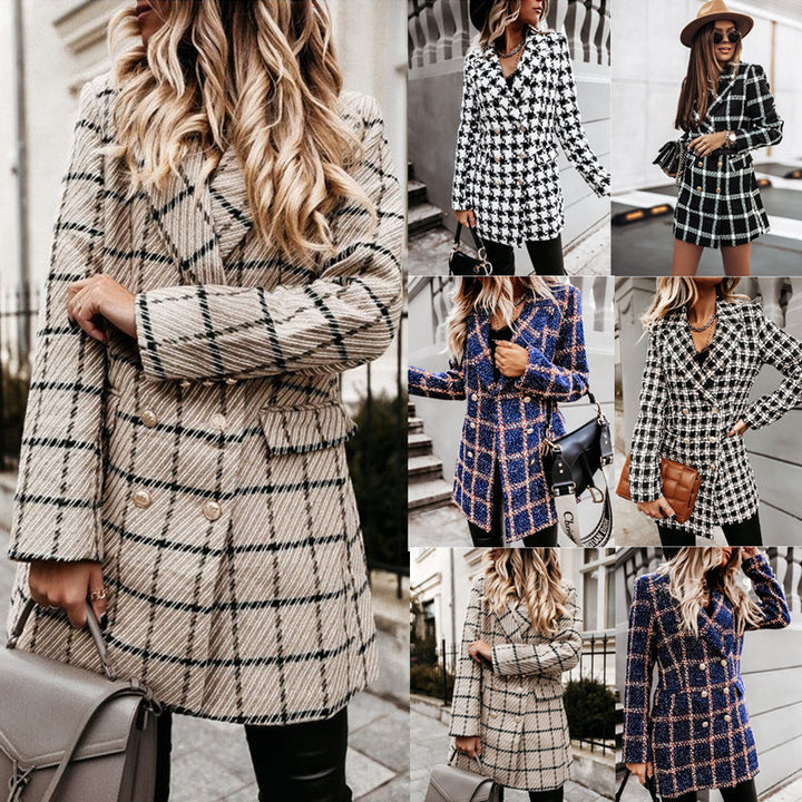 Damen Oversized kariertes Kompressionsblazer mit doppelter Knopfreihe Drune