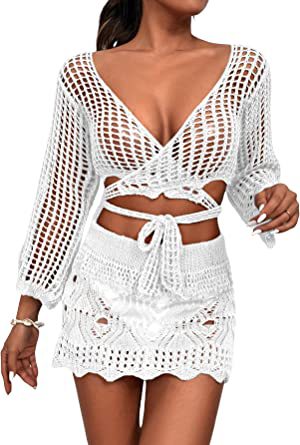 Damen gehäkeltes Crop-Top und Minirock-Set mit eleganten Binde-Details Drune