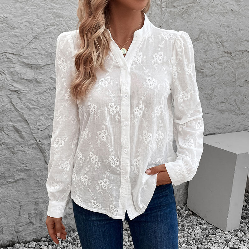 Damen Bluse mit floralem Stickdesign und eleganten Puffärmeln Drune