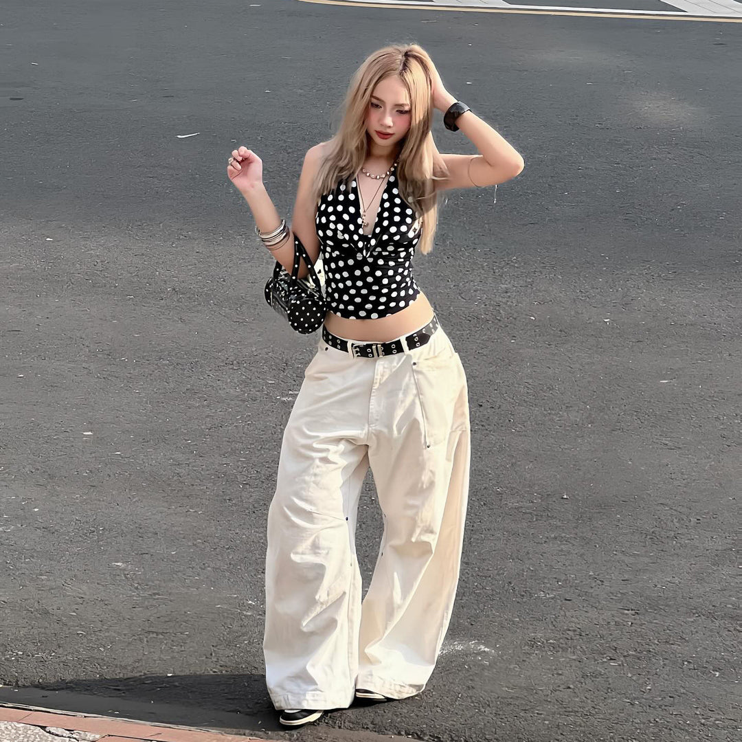Damen nan weite Highwaist-Canvas-Hose im Carpenter‑Stil mit hohem Bund und aufgesetzten Taschen Drune