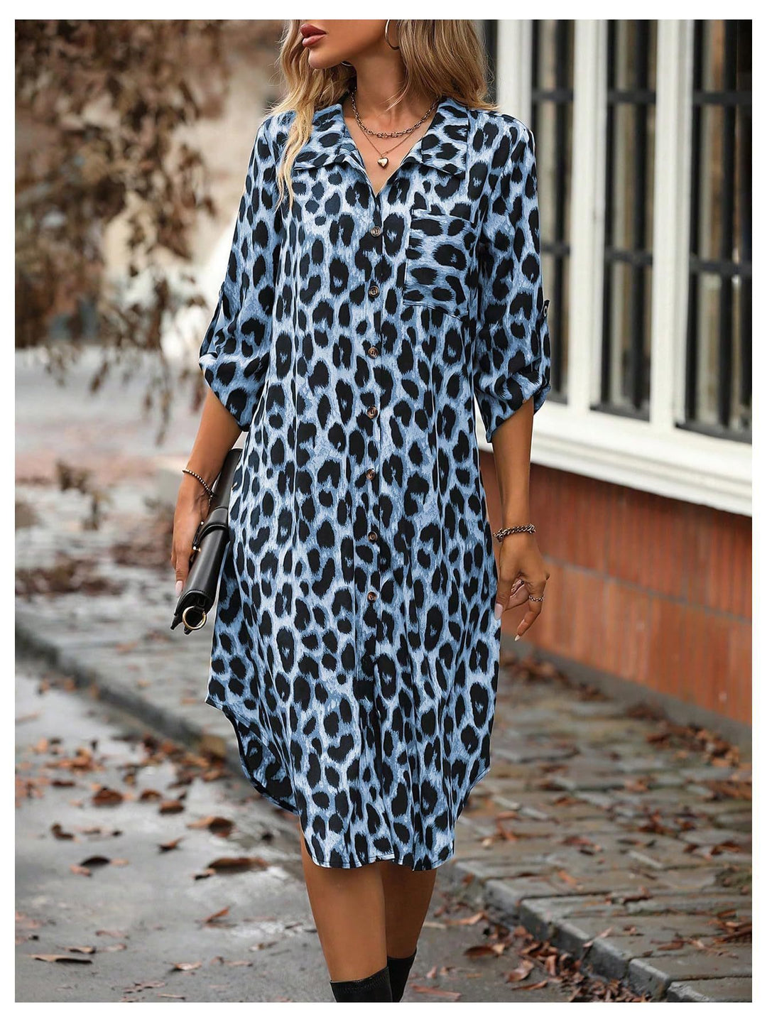 Damen Stylisches Leopardenmuster Langes Knopf-up Kleid Drune