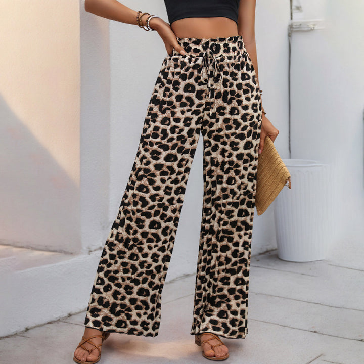 Damen Weit geschnittene Leinenhose mit elastischem Bund und trendigem Leopardenmuster Drune