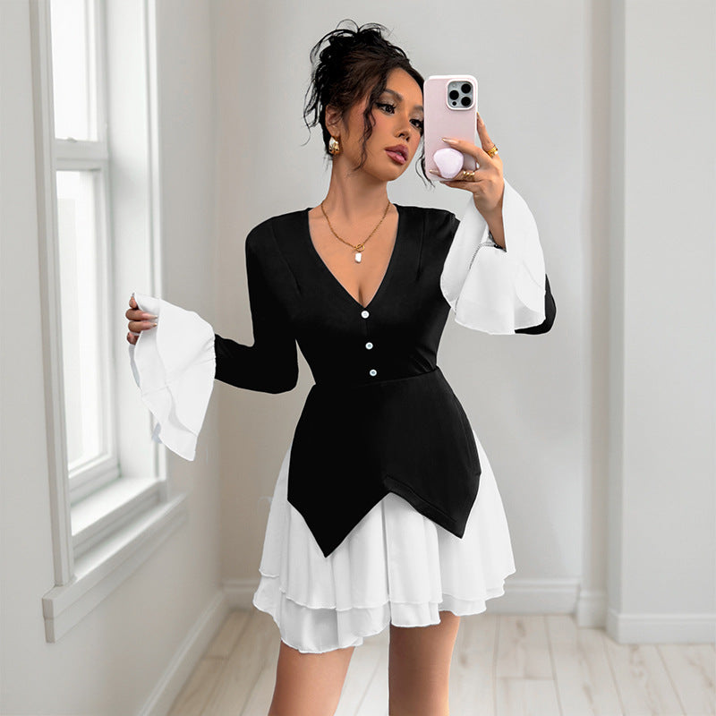 Damen elegantes Wickelkleid mit Volantärmeln und tiefem V-Ausschnitt Drune