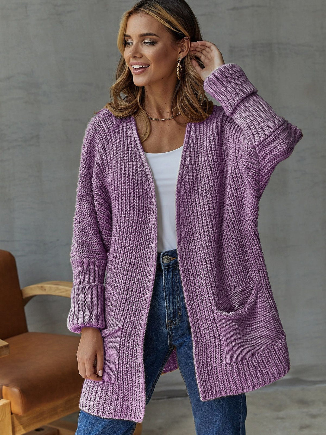 Drune | Strickjacke Gestrickt Übergröße Passform Rippstrick V-Ausschnitt Taschen
