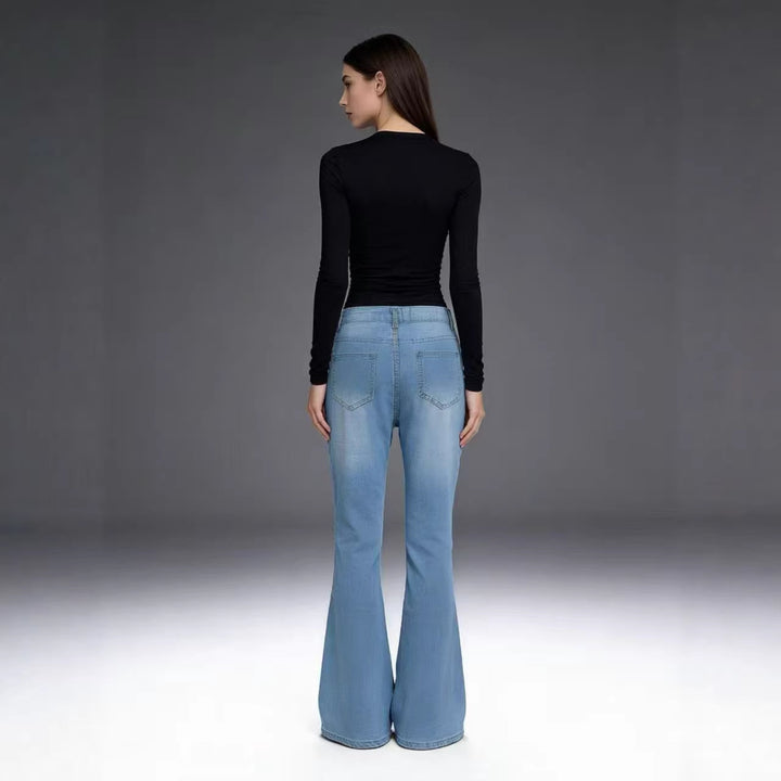 Damen Schlagjeans mit bunten Knopfdetails und hohem Bund Drune