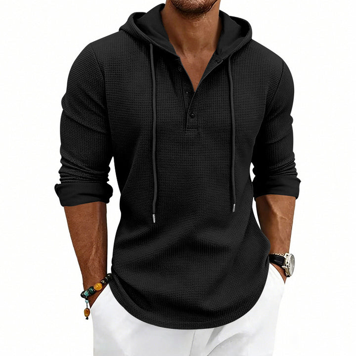 Herren nan lässiges Waffelstrick-Henley Kapuzenpullover mit Knopfleiste Drune