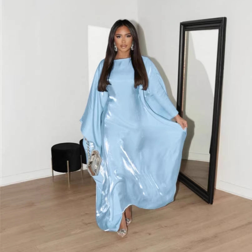 Damen Glamouröses Satin-Maxi-Kleid mit weitem Schnitt und eleganten Ärmeln Drune