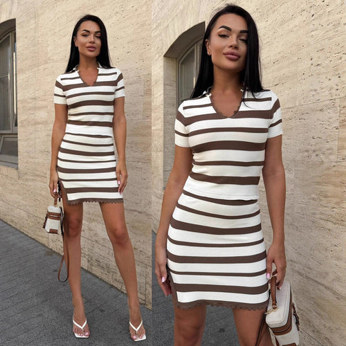 Damen Streifen Kleid mit kurzem Ärmel und Rippstruktur Drune