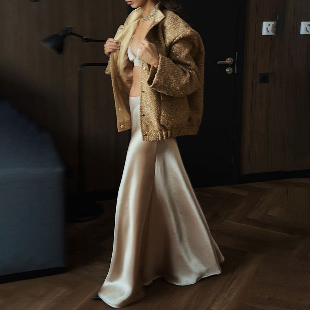 Damen Elegante Funkelnde Jacke mit Taschen und elastischem Saum Drune