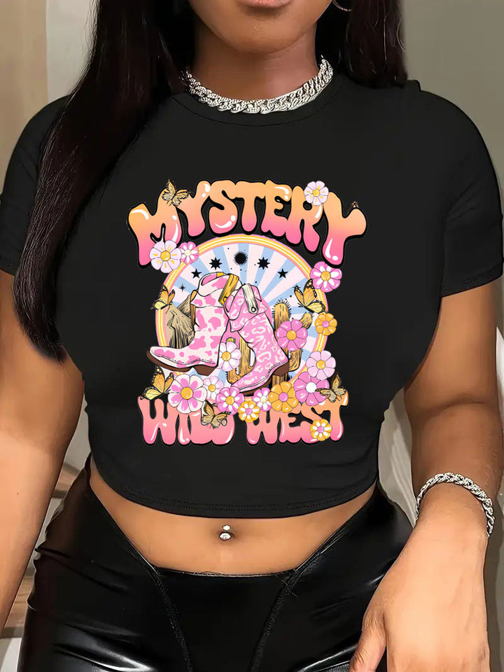 Damen Crop-T-Shirt mit kreativem Motiv und figurbetontem Schnitt Drune