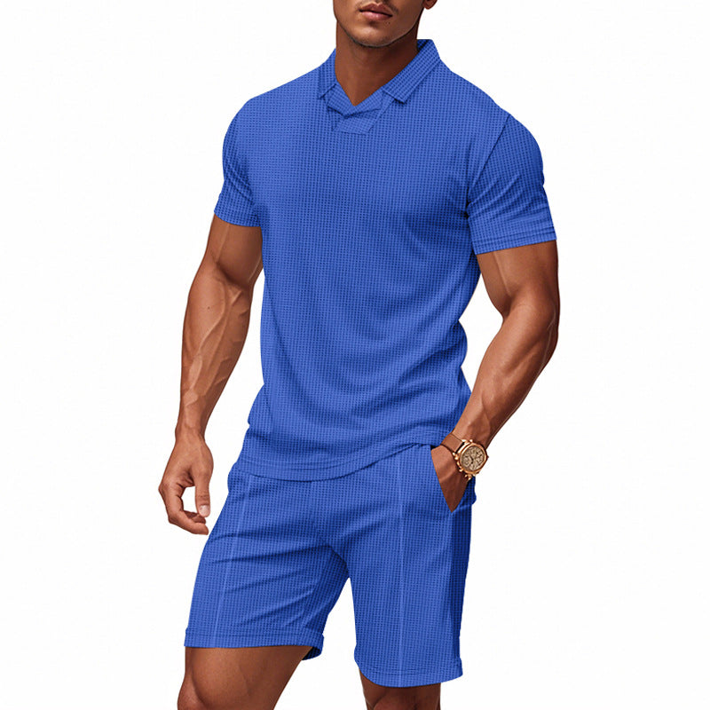 Herren nan lässiges Waffelstruktur-Freizeitset mit Reverskragen-Kurzarmshirt und elastischen Freizeitshorts Drune