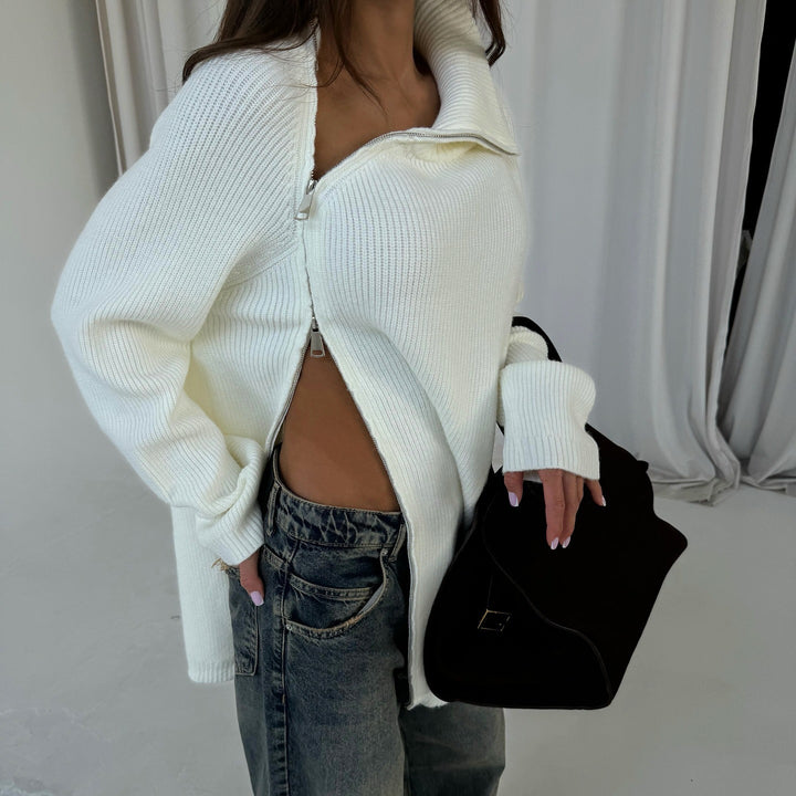 Damen Oversized Strickpullover mit modernem Stehkragen Drune