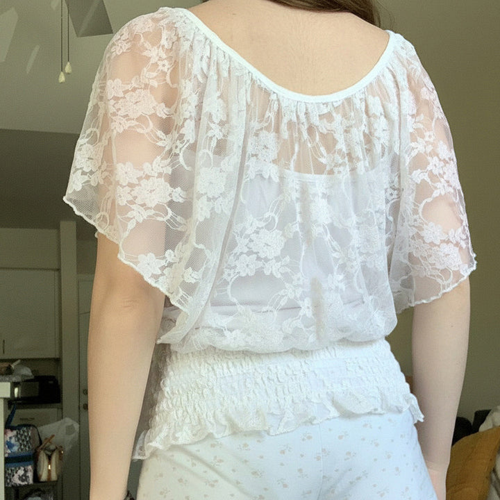 Damen Spitzen-T-Shirt mit elastischem Rüschensaum Drune