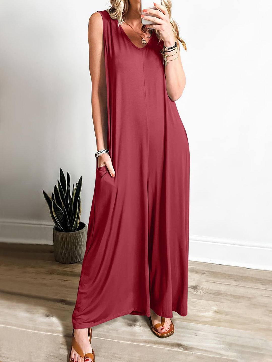 Damen weit geschnittene Jumpsuit mit V-Ausschnitt Drune