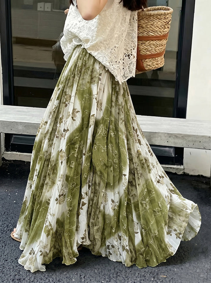 Damen nan fein gefalteter Midirock mit Vintage Blumenprint und elastischem Taillenbund Drune