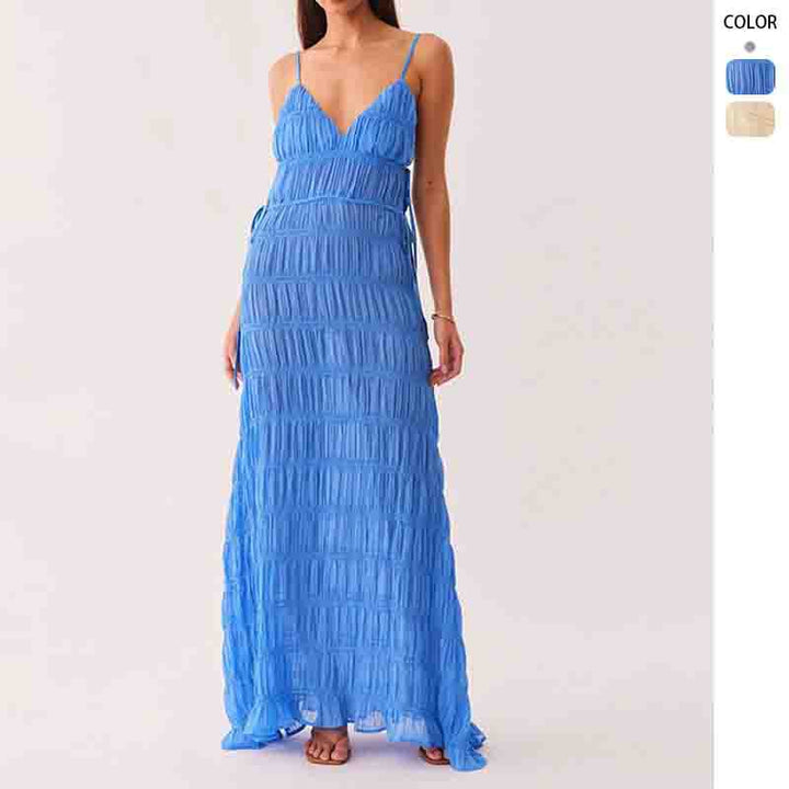 Damen Maxikleid mit raffiniertem Rüschendesign und tiefem V-Ausschnitt Drune