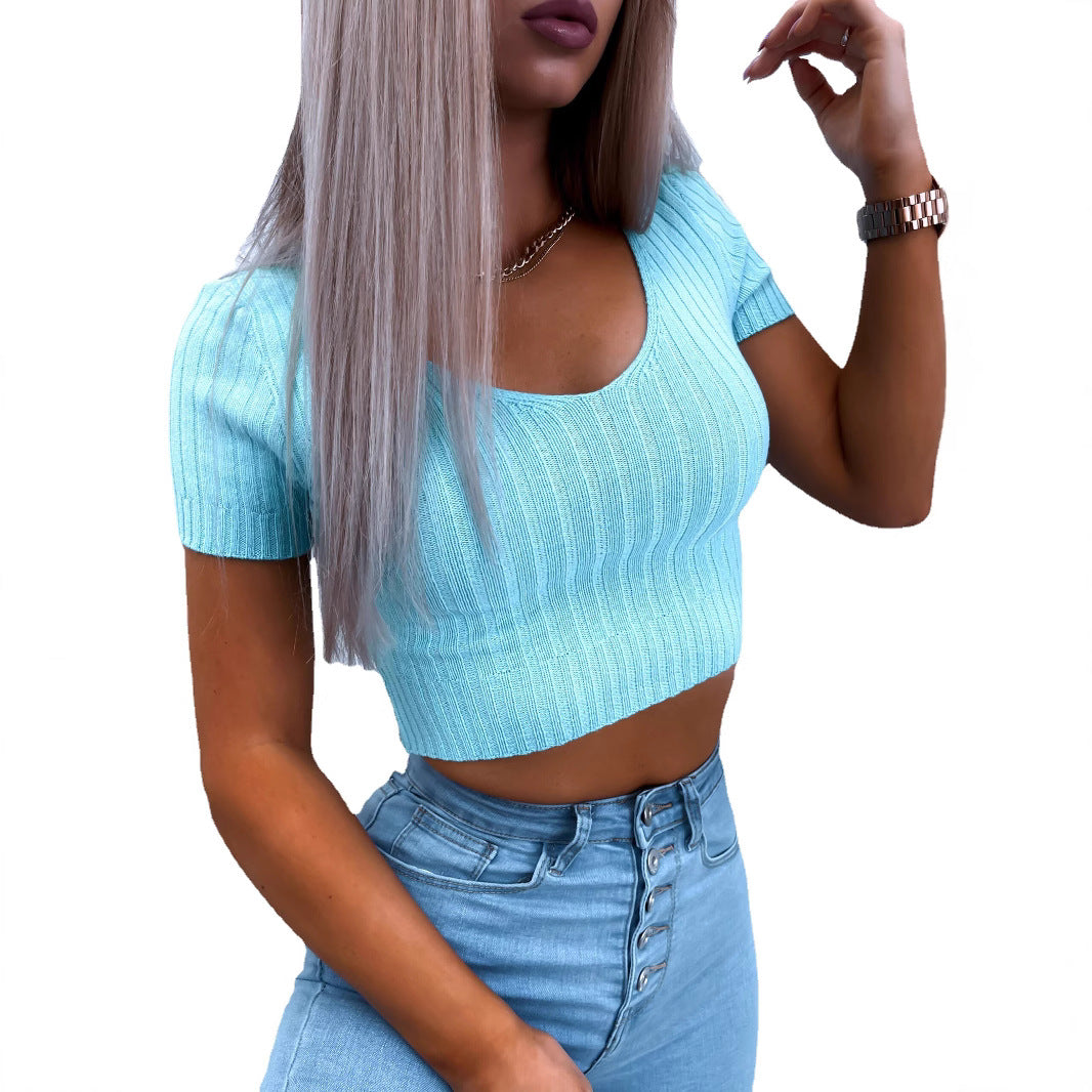 Damen kurzärmliges Crop-Top mit feiner Rippstruktur Drune