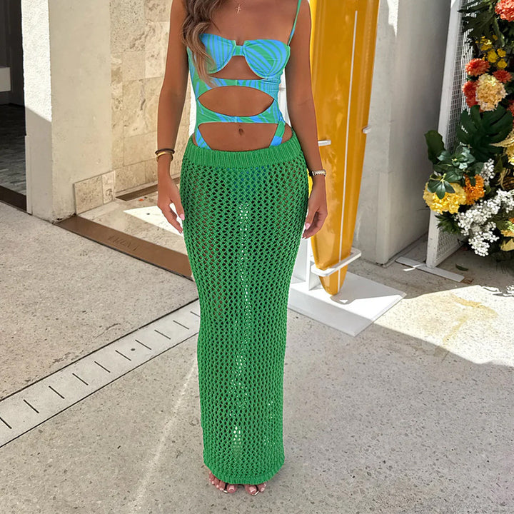 Damen Häkel-Strandrock mit transparentem Netzdesign und hohem elastischen Bund Drune