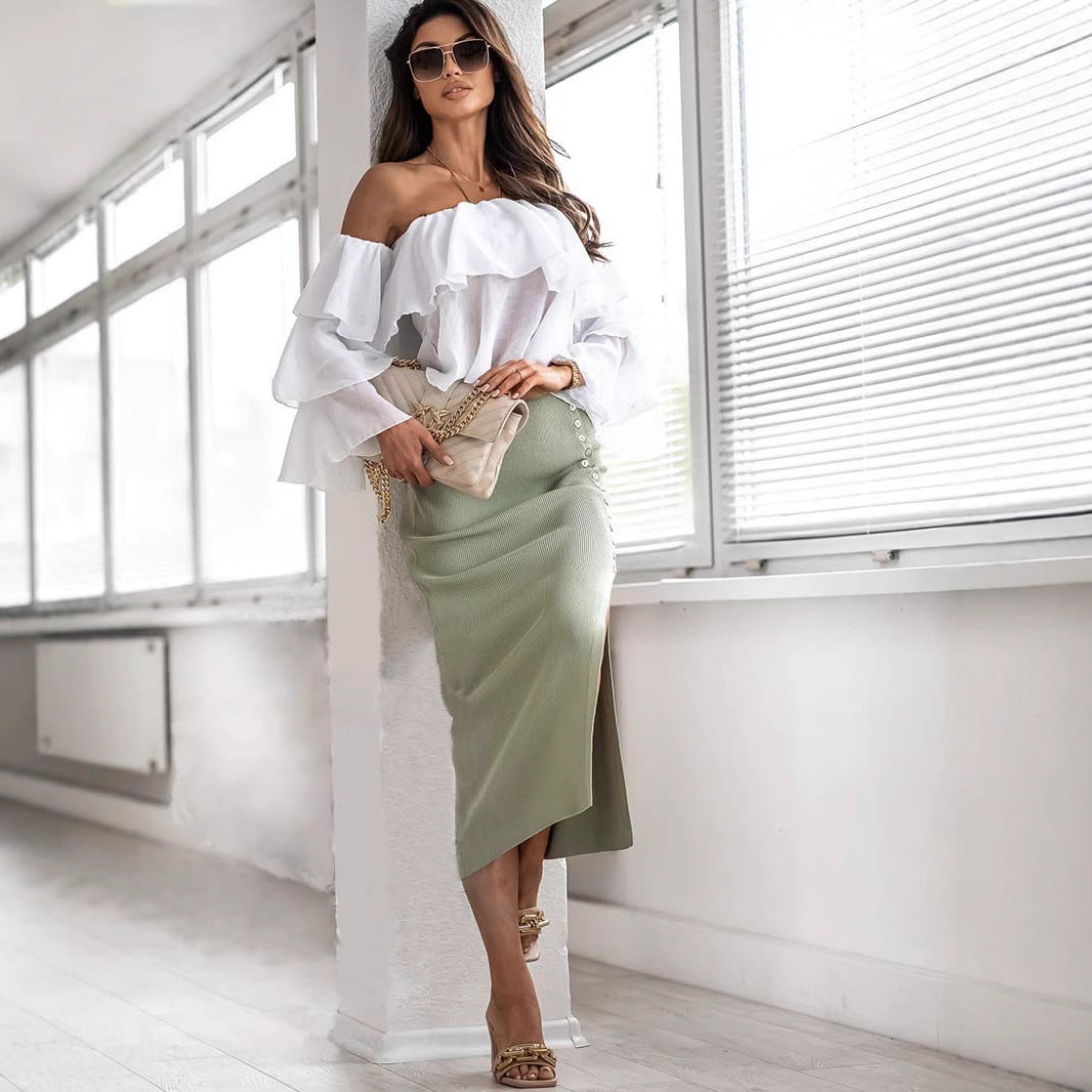Damen Figurbetonter Strickrock mit Knopfdetail und Schlitz Drune