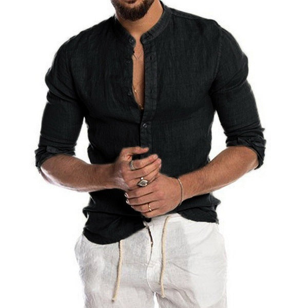 Herren Leinenhemd mit modernem Henley-Ausschnitt und Struktur Drune