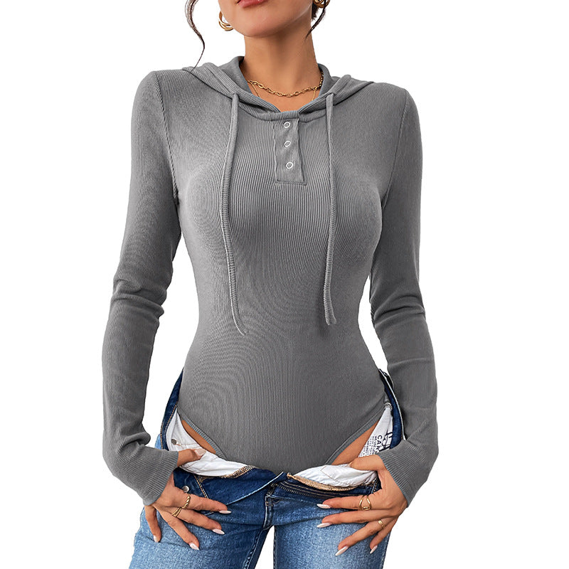 Damen langärmliges Bodysuit mit Kapuze und modernem strukturierter Rippdesign Drune