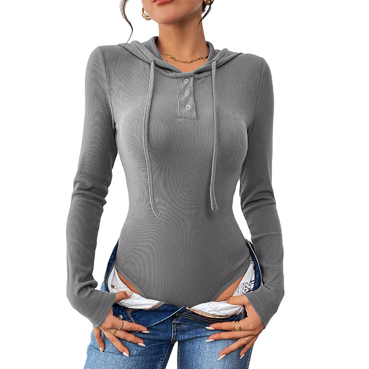 Damen langärmliges Bodysuit mit Kapuze und modernem strukturierter Rippdesign Drune