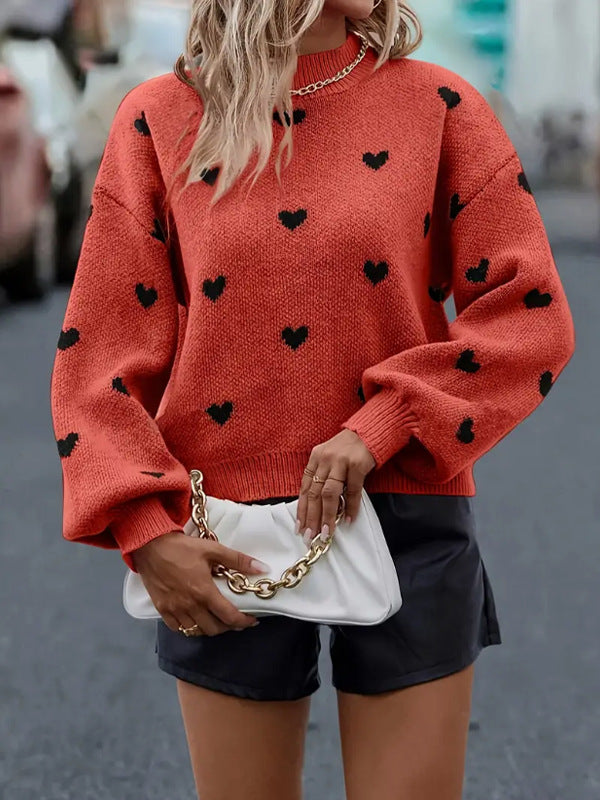 Damen Strickpullover mit herzförmigem Muster und balloonärmel Drune