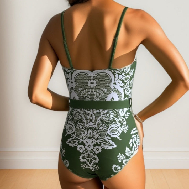 Damen modischer Einteiler Badeanzug mit elegantem Wickelrock und floralem Muster Drune