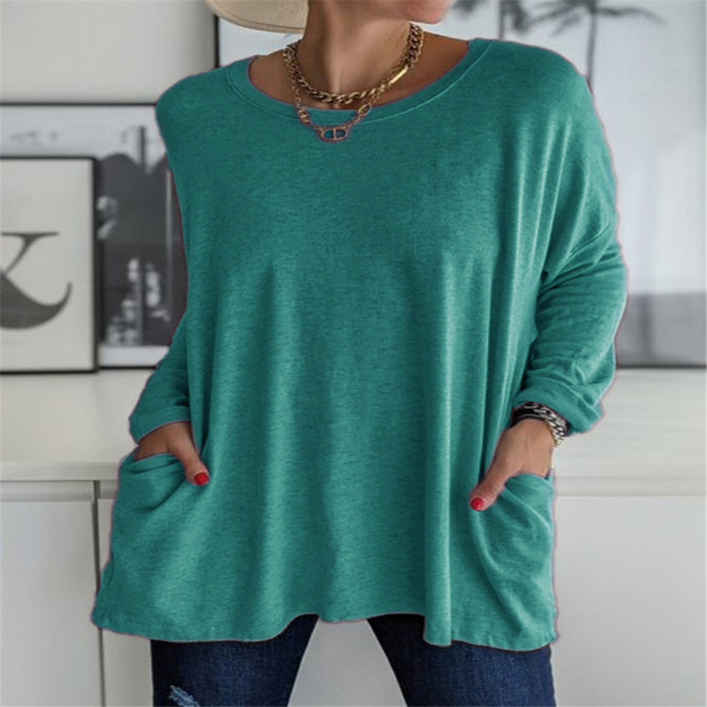 Damen nan oversized Longsleeve-Tunika mit Rundhalsausschnitt, überschnittener Schulter und aufgesetzten Taschen Drune
