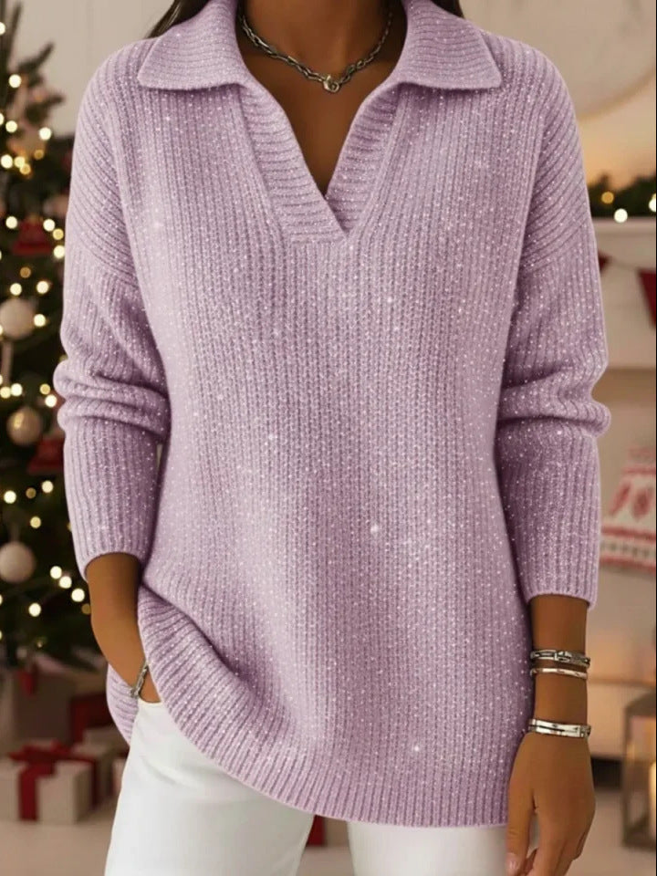 Damen schimmernder Strickpullover mit modernem Kragen Drune