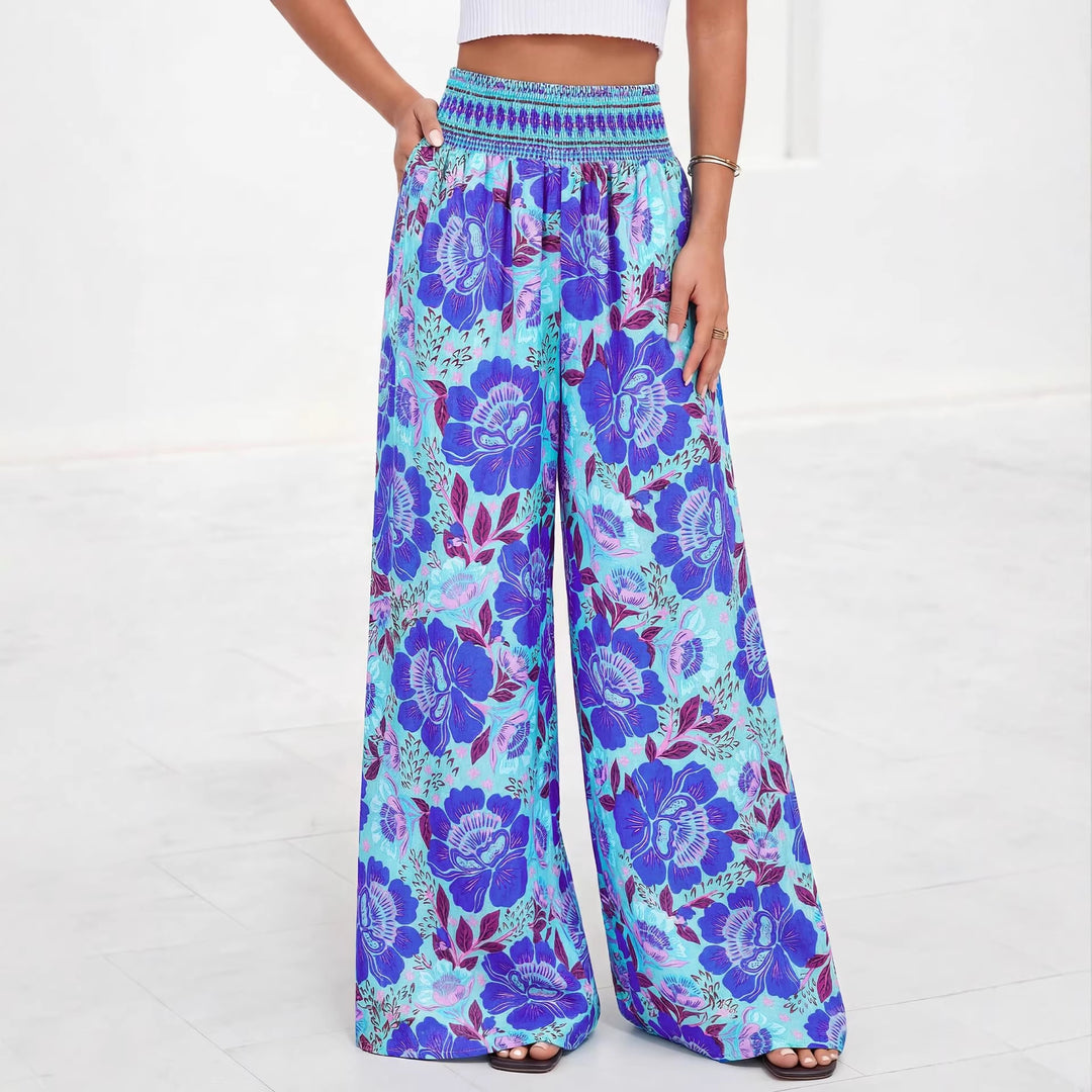 Damen luftige Palazzo-Hose mit floralen Mustern und elastischem Bund Drune