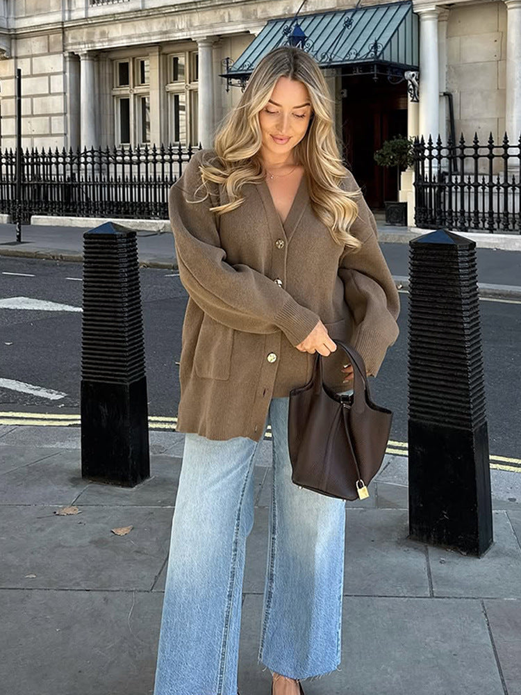 Damen oversized Strickjacke mit Knopfdetails Drune