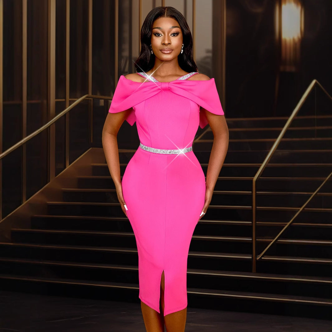 Damen elegantes schulterfreies Midi-Kleid mit funkelndem Taillengürtel Drune
