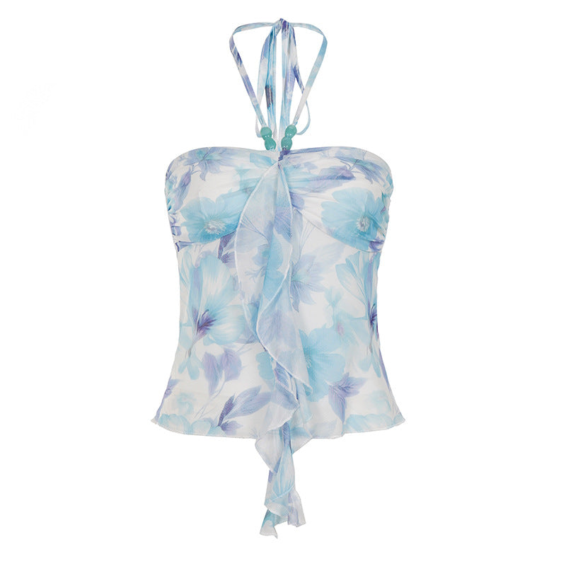 Damen Neckholder-Bluse mit floralem Design und raffiniertem Lockenabschluss Drune