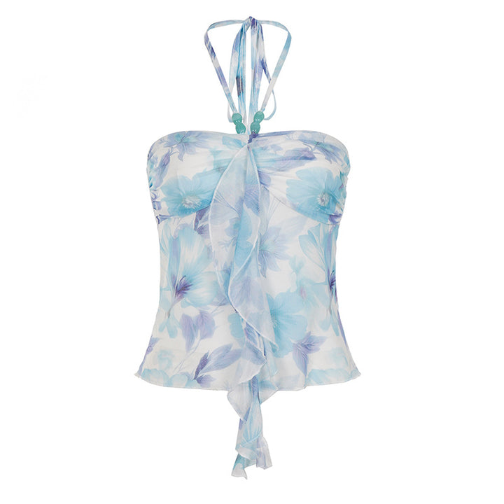 Damen Neckholder-Bluse mit floralem Design und raffiniertem Lockenabschluss Drune