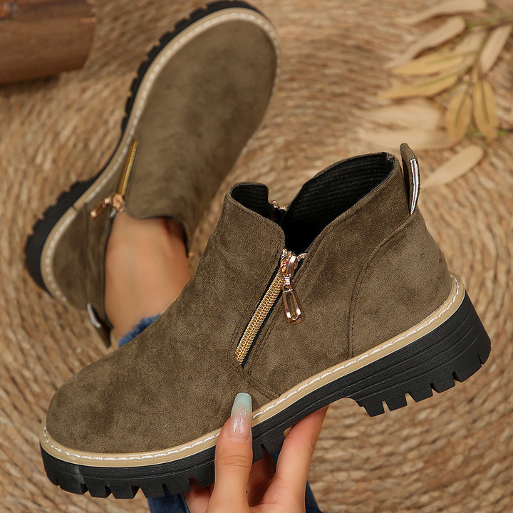 Damen nan knöchelhohe Stiefelette mit dekorativem Reißverschluss gepolstertem Schaft und robuster Profilsohle Drune