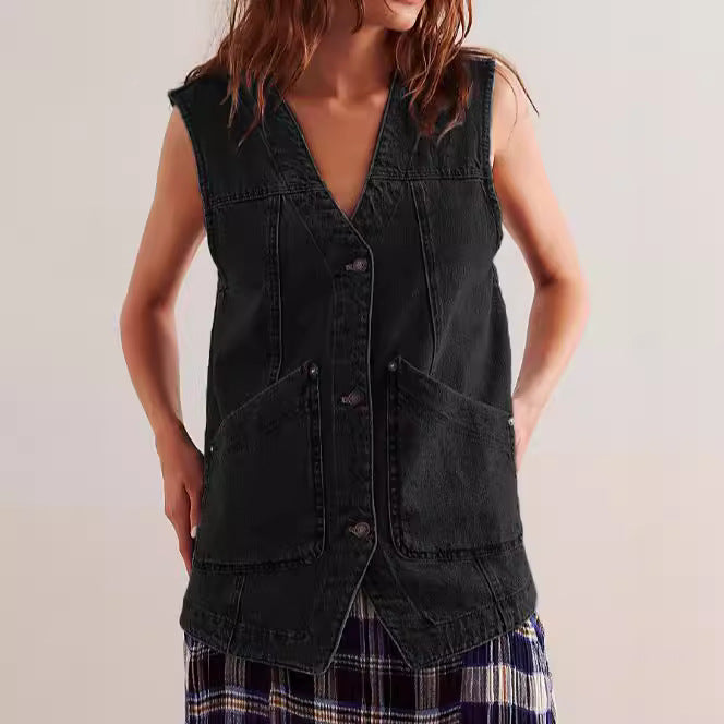 Damen Denim-Latzjacke mit praktischen Taschen und modischem V-Ausschnitt Drune