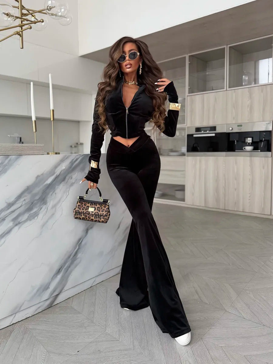 Damen elegantes und figurbetontes Lounge-Set mit cropped Jacke und weitem Hosenbein Drune