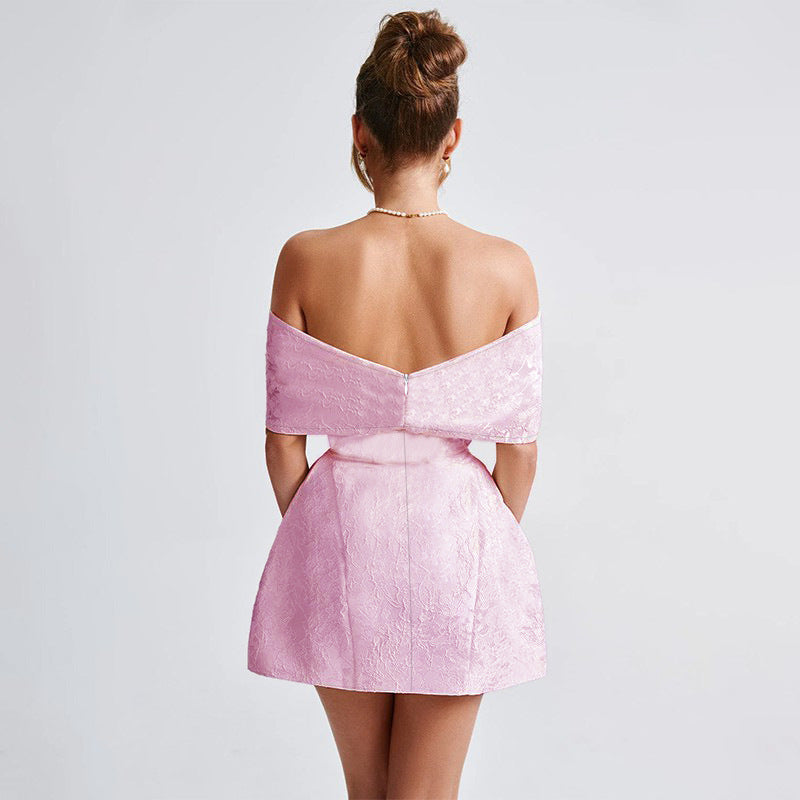 Damen Off-Shoulder Cocktailkleid mit elegantem Blumenmuster und aufwendiger Rüschenverzierung Drune