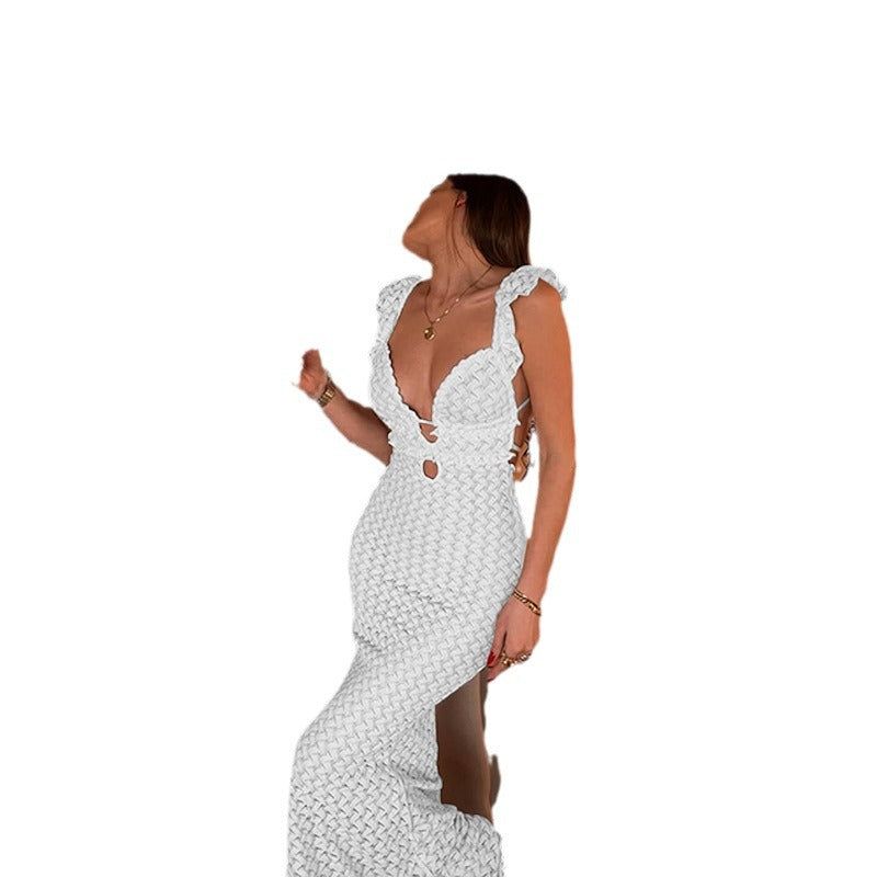Damen Elegantes Maxikleid mit tiefem V-Ausschnitt und Rüschendetails Drune
