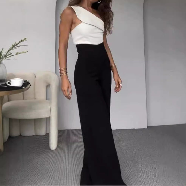 Damen Eleganter Jumpsuit mit asymmetrischem Ausschnitt und weitem Bein Drune