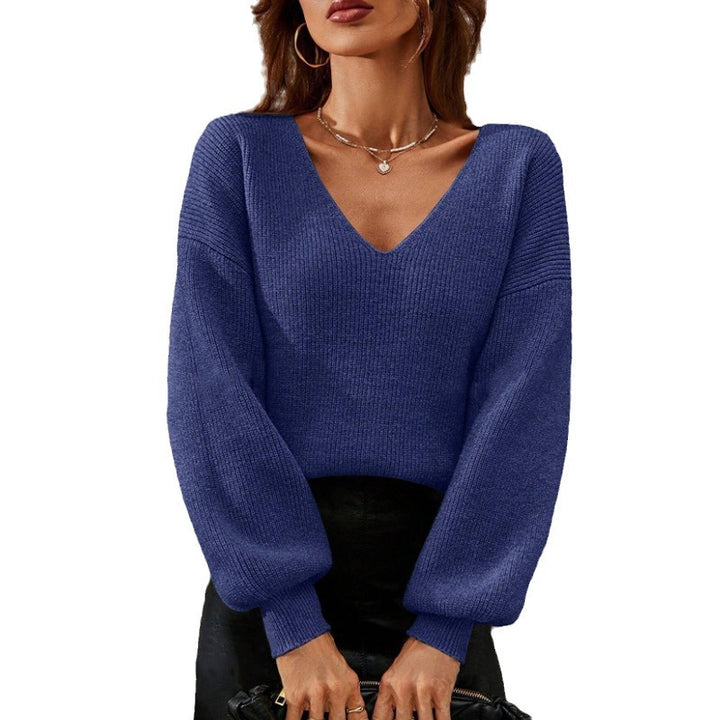 Damen Viskose-Pullover mit tiefem V-Ausschnitt und lässigen Ballonärmeln Drune