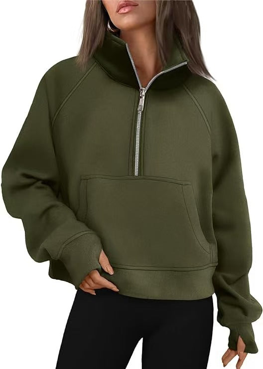 Damen nan oversized Sweatshirt mit halbem Reißverschluss Kängurutasche und Daumenlöchern Drune